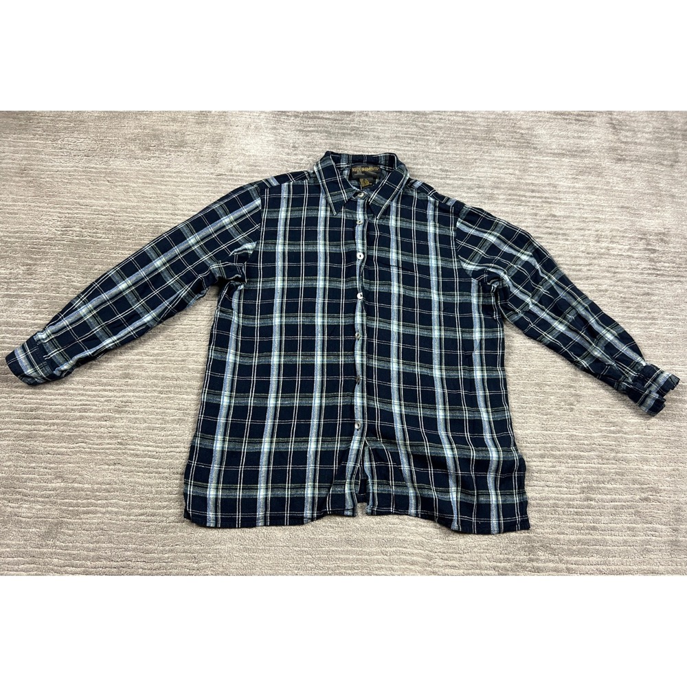 Requirements Button Down Women M Navy Blue Plaid Linen Rayon Blend Casual Shirt